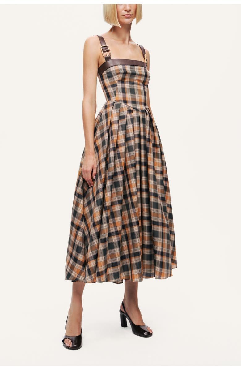 Nocturne Plaid Pleated Maxi Dress with Faux Leather Belt, Main, color,