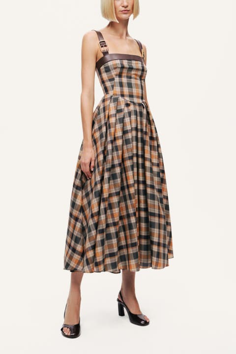 Plaid Pleated Maxi Dress with Faux Leather Belt