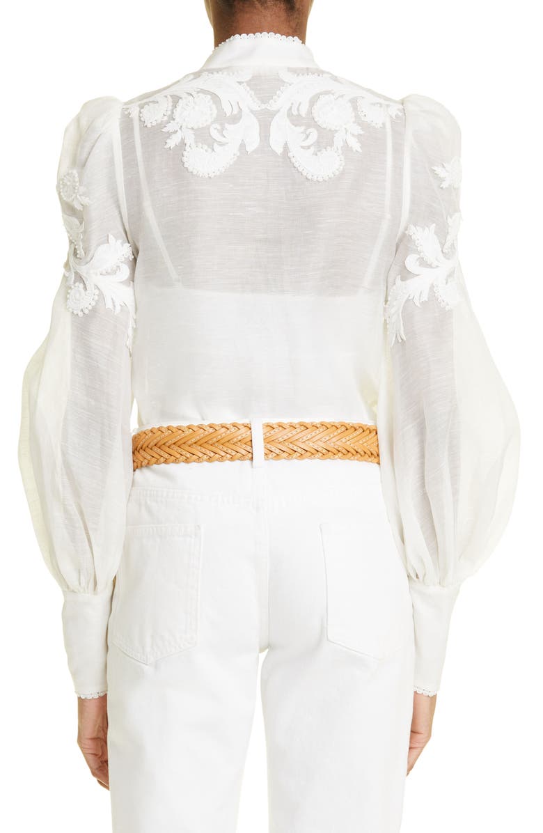Zimmermann Wonderland Applique Long Sleeve Linen & Silk Blouse, Alternate, color,
