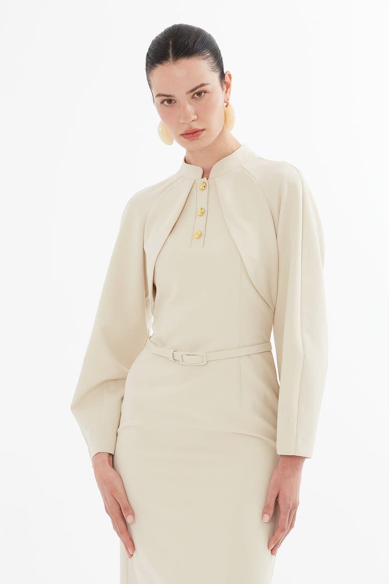 Midi Dress with Bolero Look and Belt, Alternate, color, Beige