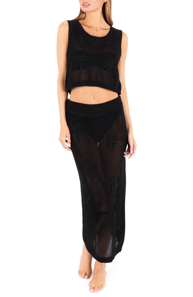 Hurley Embroidered Sheer Cover-Up Crop Top & Maxi Skirt Set, Main, color, Black