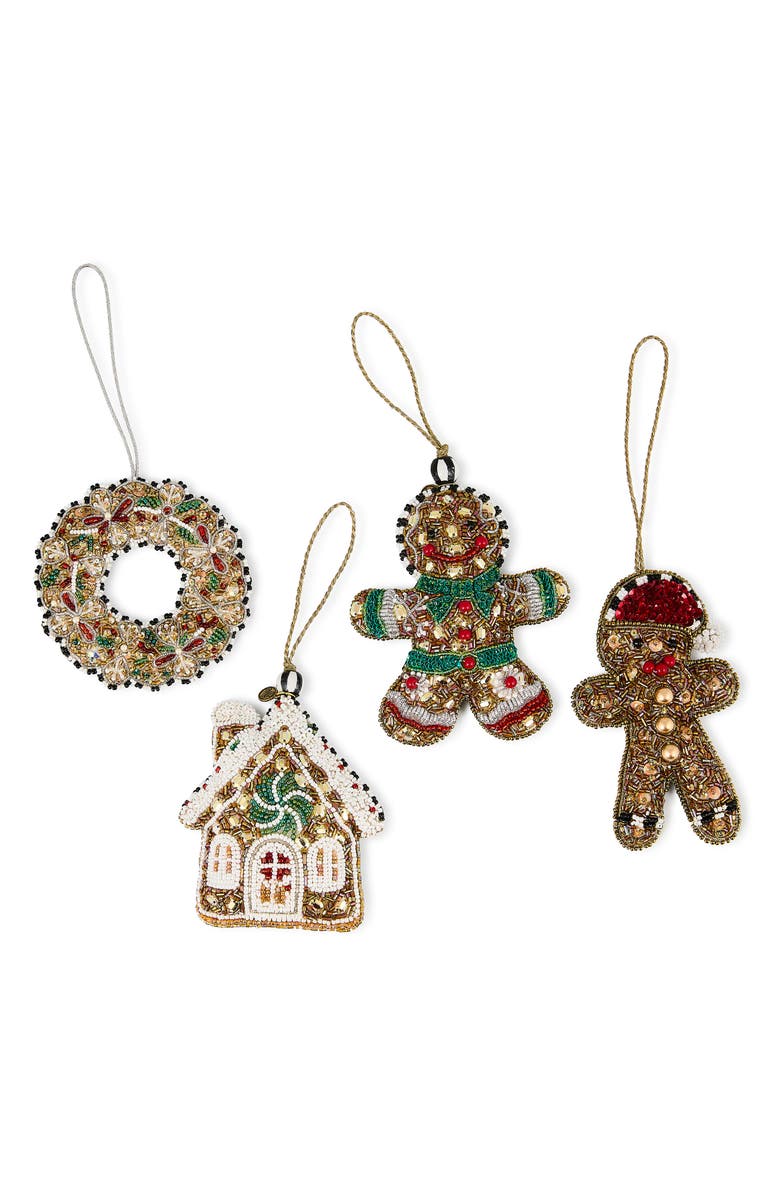 MACKENZIE CHILDS Set of 4 Beaded Gingerbread Ornaments, Main, color, Brown