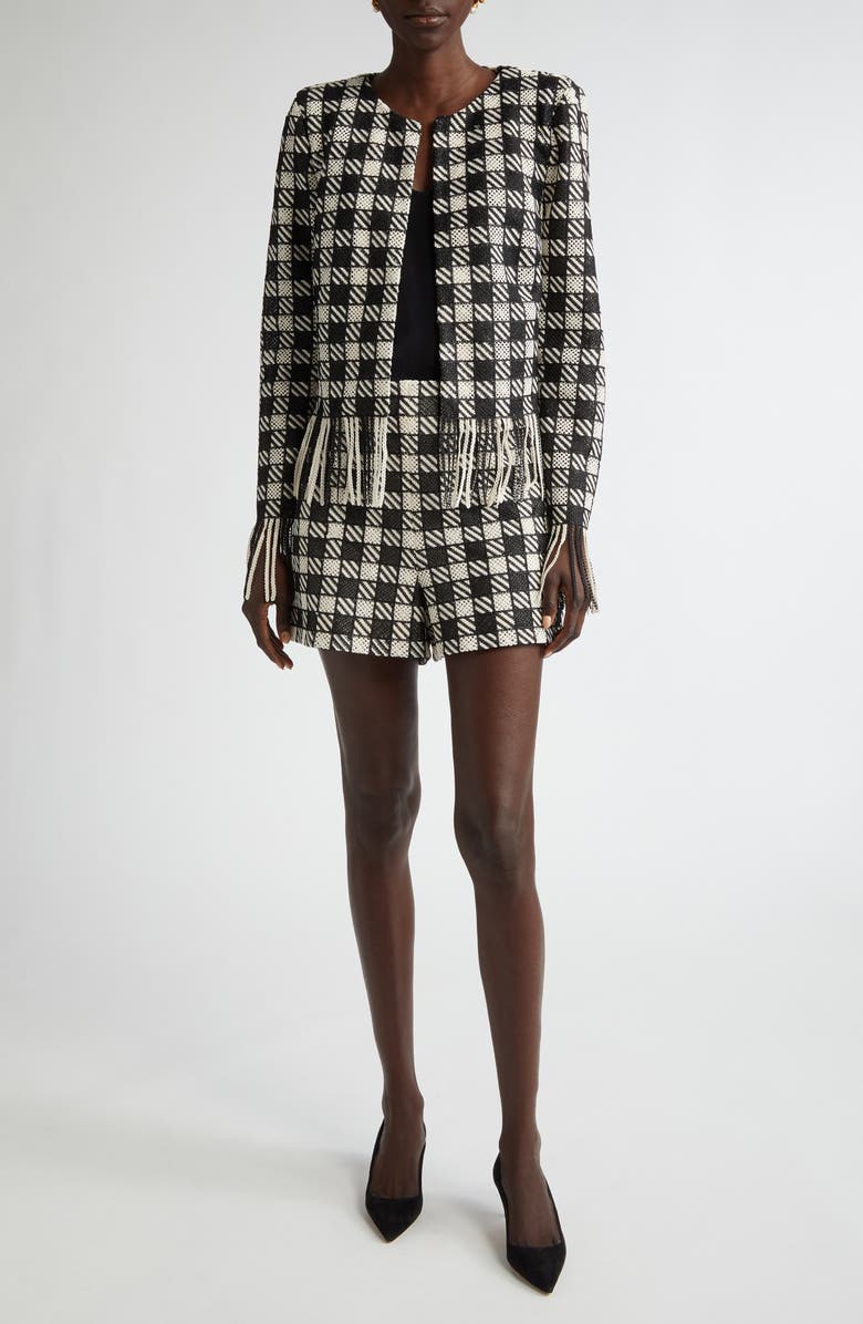 Oscar de la Renta Check High Waist Shorts, Alternate, color, 