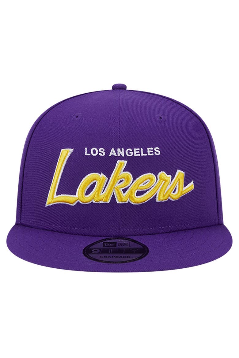 Men's New Era Purple Los Angeles Lakers Evergreen Script Side Patch 9FIFTY Snapback Hat, Alternate, color, Purple