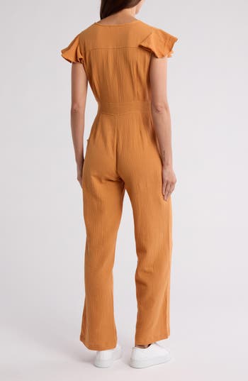 Wishlist Cotton Flutter Sleeve Jumpsuit In Ginger