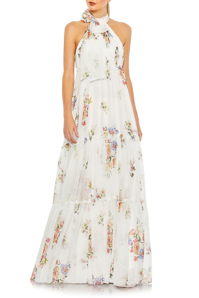 Floral Bow Tiered A-Line Gown, Main, color, WHITE MULTI