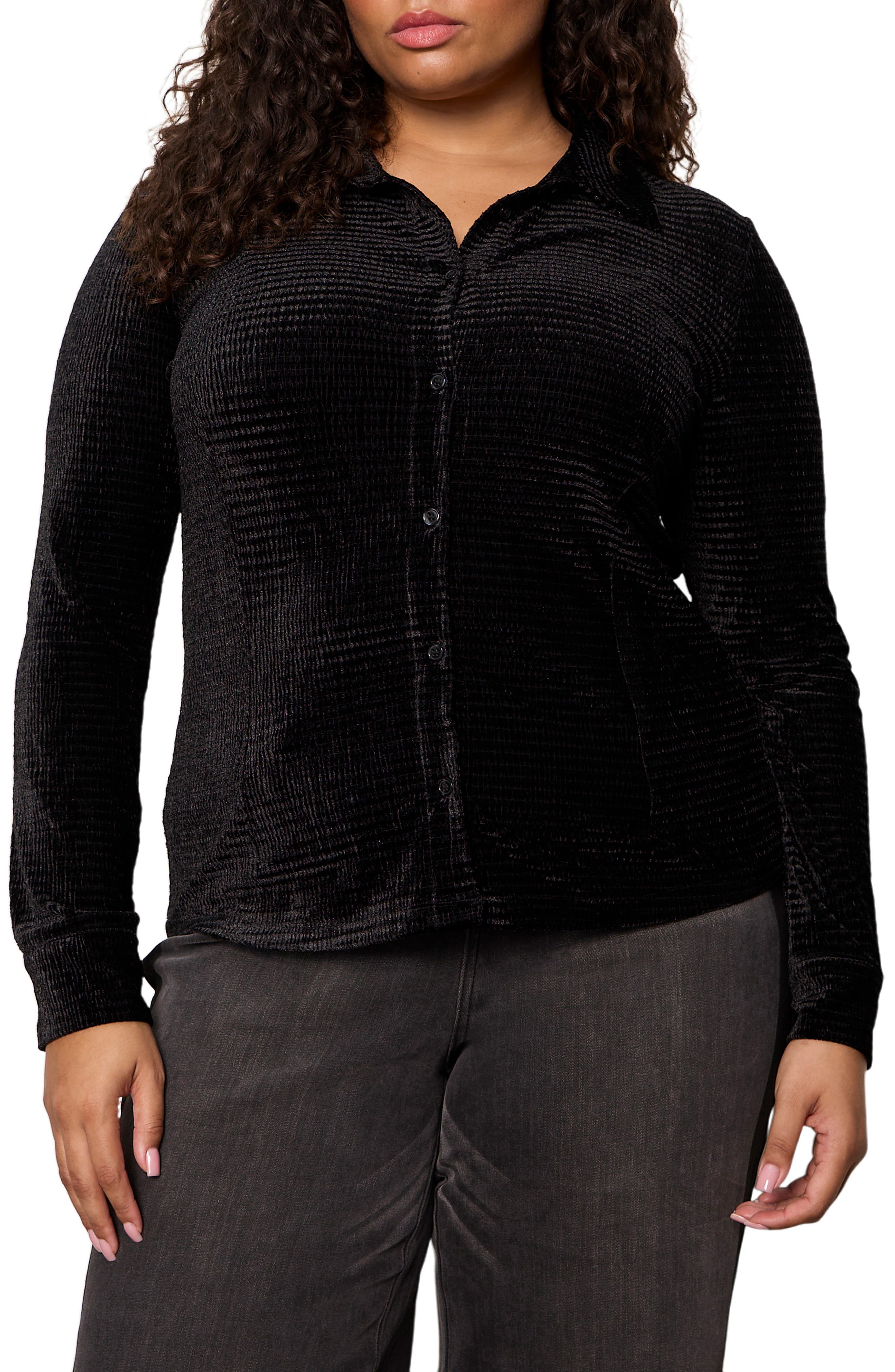 Fitted Textured Stripe Velvet Button-Up Shirt