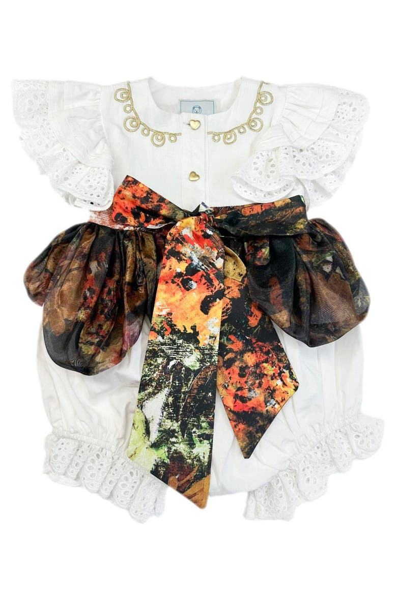 Petite Maison Kids Alexis Foliage Print Romper, Alternate, color, White With Brown Flower Print