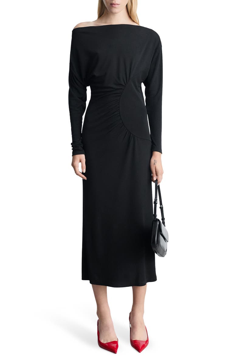 MANGO One-Shoulder Long Sleeve Ruched Dress, Main, color, Black