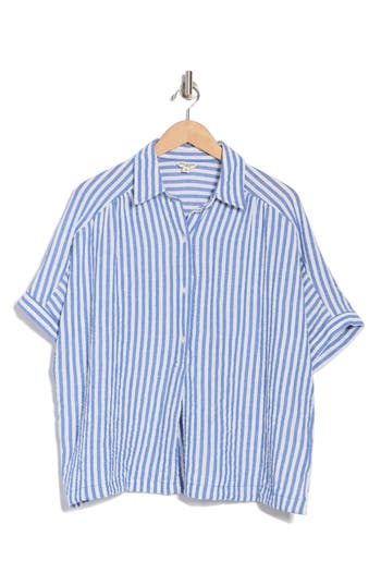 Max Studio Stripe Short Sleeve Textured Button-up Shirt