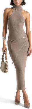 Manière De Voir Belina Halter Neck Knitted Maxi Dress With Chain