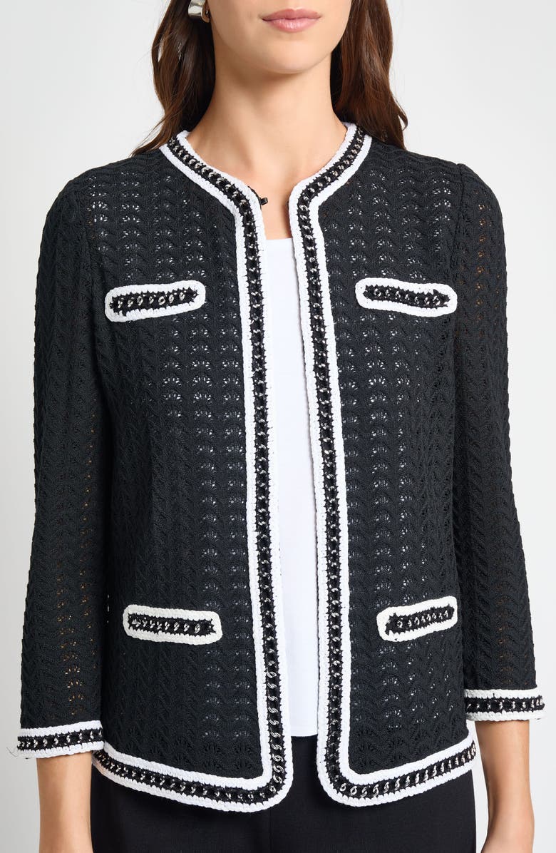 Misook Heritage Chain Trim Pointelle Knit Jacket, Alternate, color, Black/White