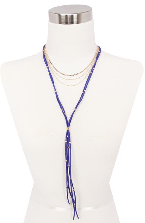 Layered Chain and Suede Lariat Necklace