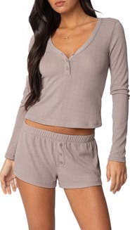 EDIKTED Keely Pointelle Long Sleeve V-Neck Henley Top