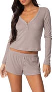 EDIKTED Keely Pointelle Long Sleeve V-Neck Henley Top