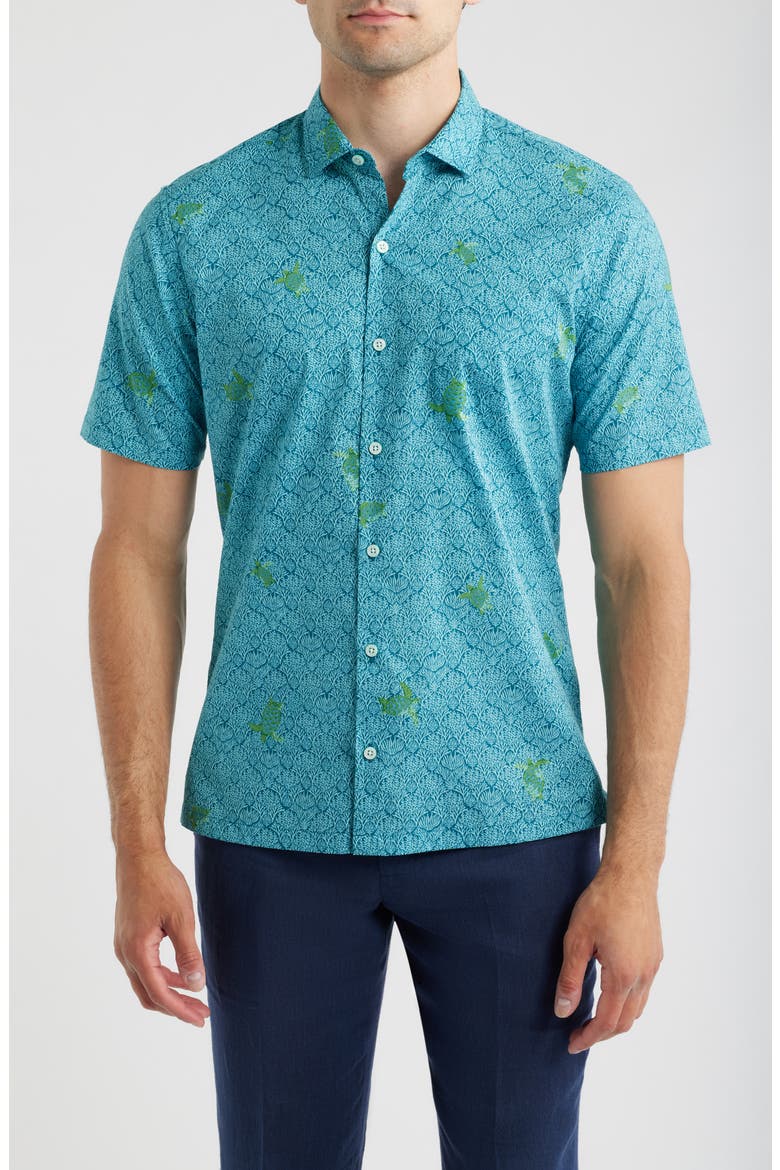 Chelonian Short Sleeve Cotton Button Up Shirt, Main, color, NILE