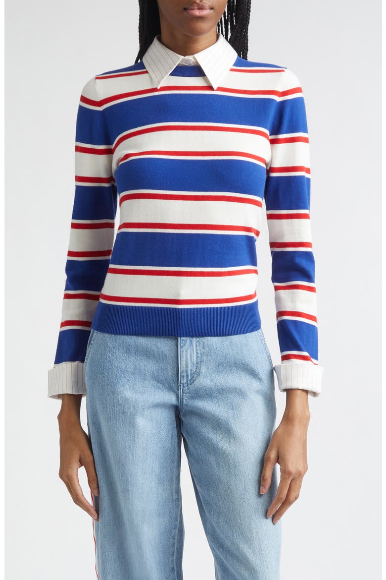Porla Collared Stripe Cotton Blend Sweater, Main, color, AMERICANA STRIPE