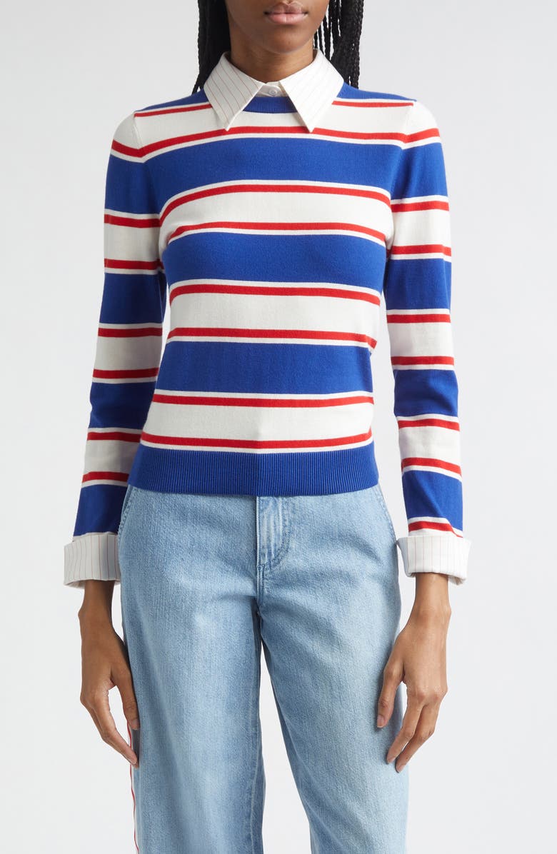 Alice + Olivia Porla Collared Stripe Cotton Blend Sweater, Main, color, Americana Stripe