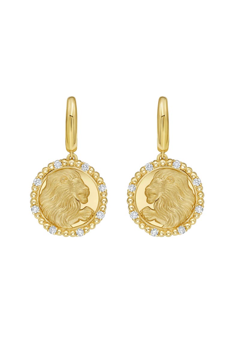 14K Gold Leo Diamond Bead Zodiac Dangle Earrings, Alternate, color, Yellow Gold