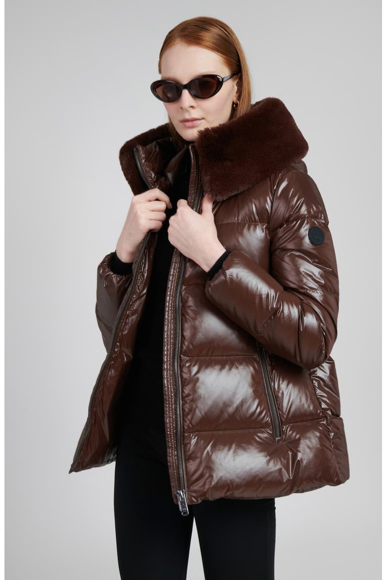 Water Resistant Nylon Down Puffer Coat with Faux Fur Trim, Alternate, color, DARK COFFEE