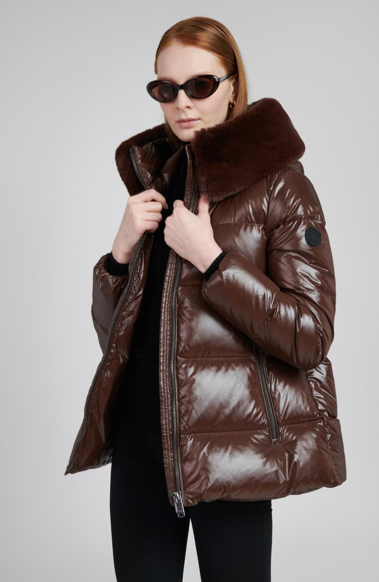 The Recycled Planet Company Water Resistant Nylon Down Puffer Coat with Faux Fur Trim, Alternate, color, Dark Coffee