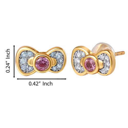 Hello Kitty White & Pink Sapphire Bow Stud Earrings In Gold