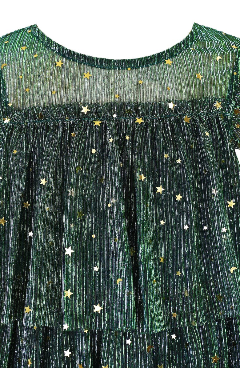 Zunie Kids' Metallic Foil Ruffle Tiered Party Dress, Alternate, color, Hunter Green