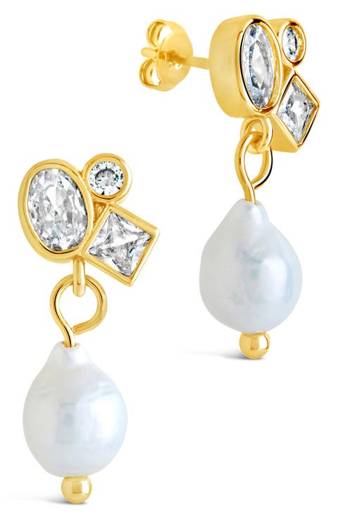 Penny Cubic Zirconia Cluster & Freshwater Pearl Drop Earrings