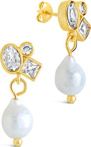 Sterling Forever Penny Cubic Zirconia Cluster & Freshwater Pearl Drop Earrings