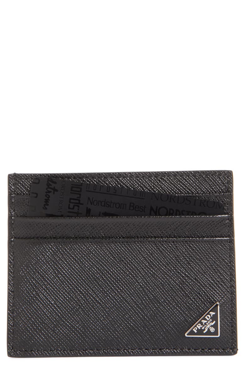 Prada Triangle Logo Leather Card Case, Main, color, 