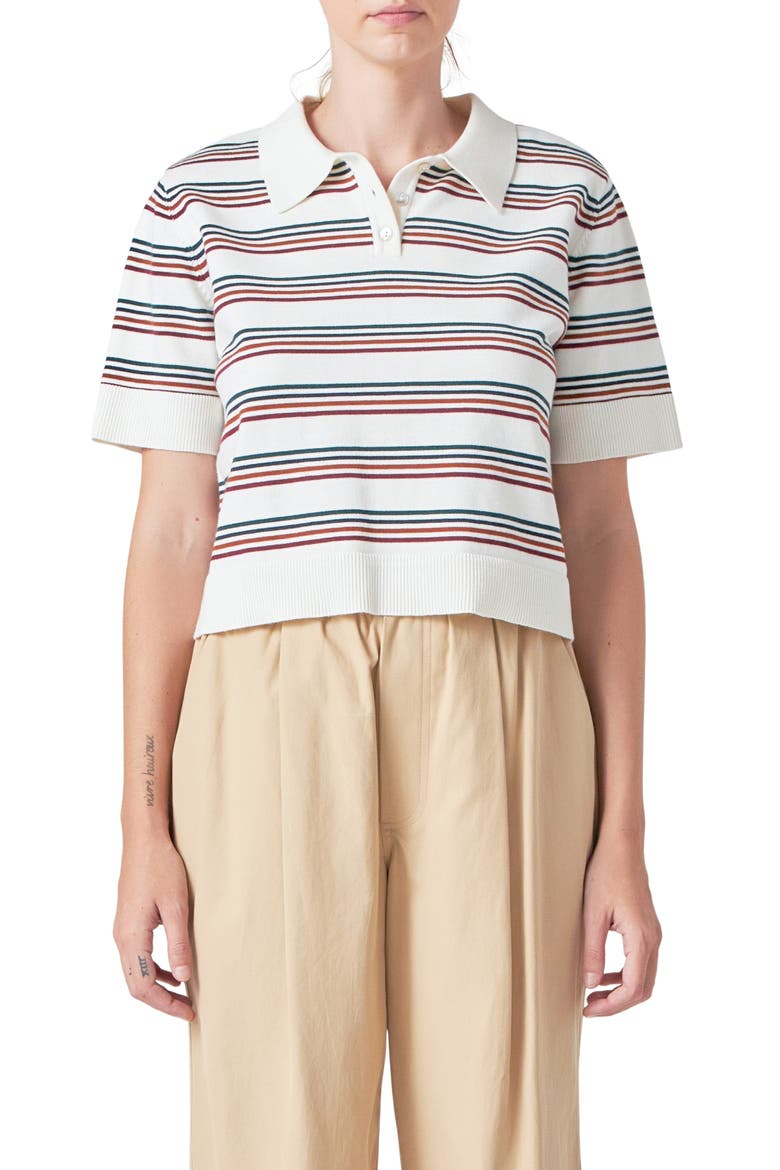 Stripe Short Sleeve Polo Sweater, Main, color, WHITE MULTI