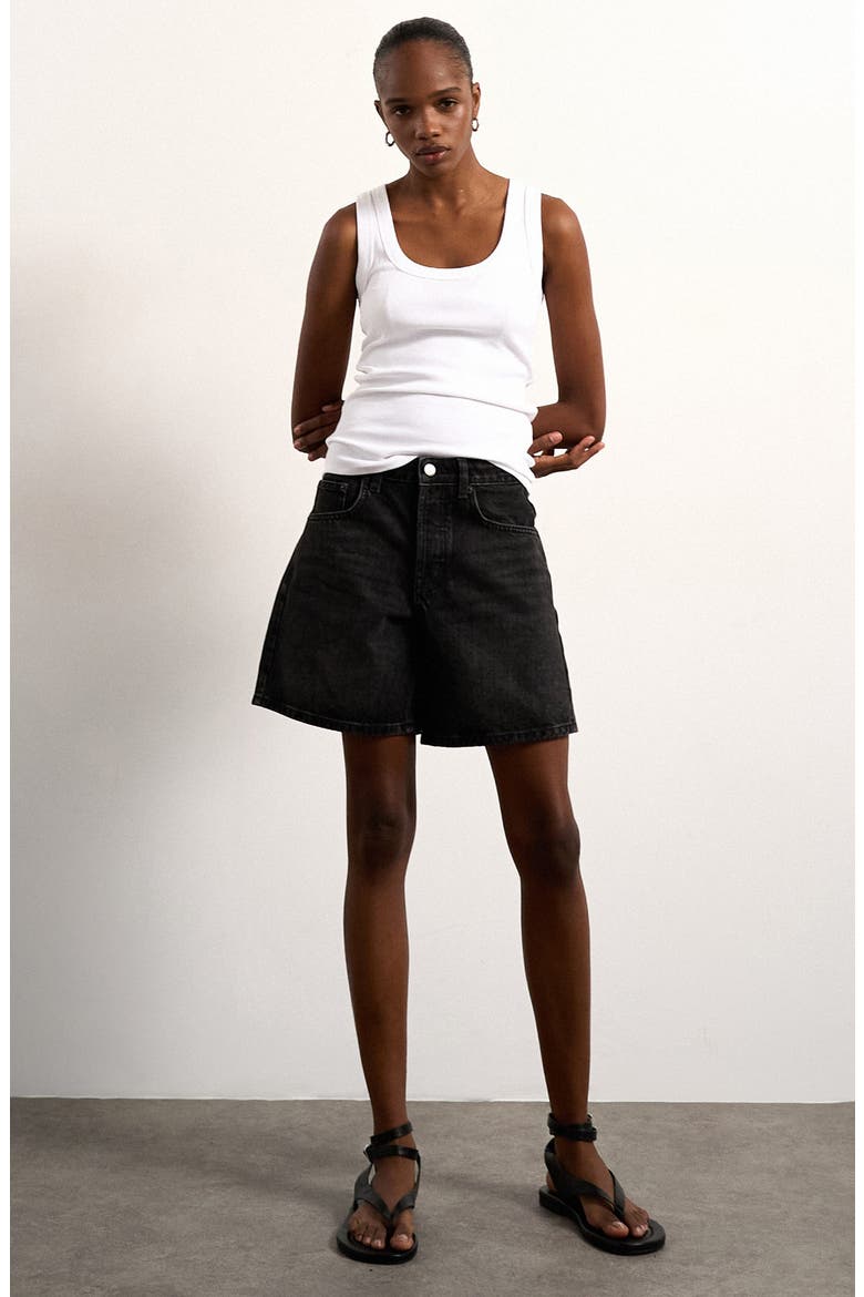 Editor Relaxed Mid Thigh Denim Shorts, Main, color, BLACK