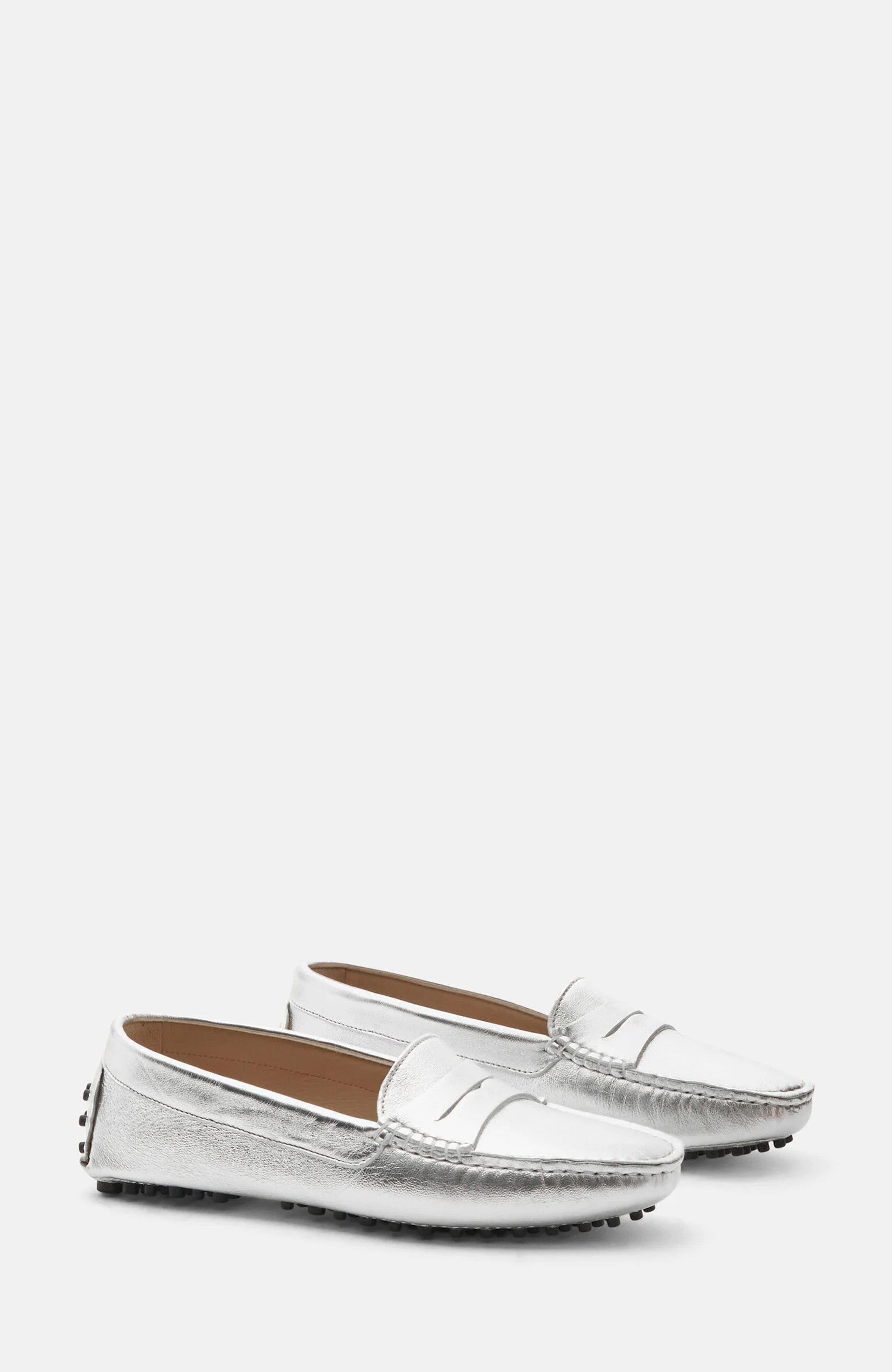 Ashley Driving Shoes, Main, color, Silver - Calf