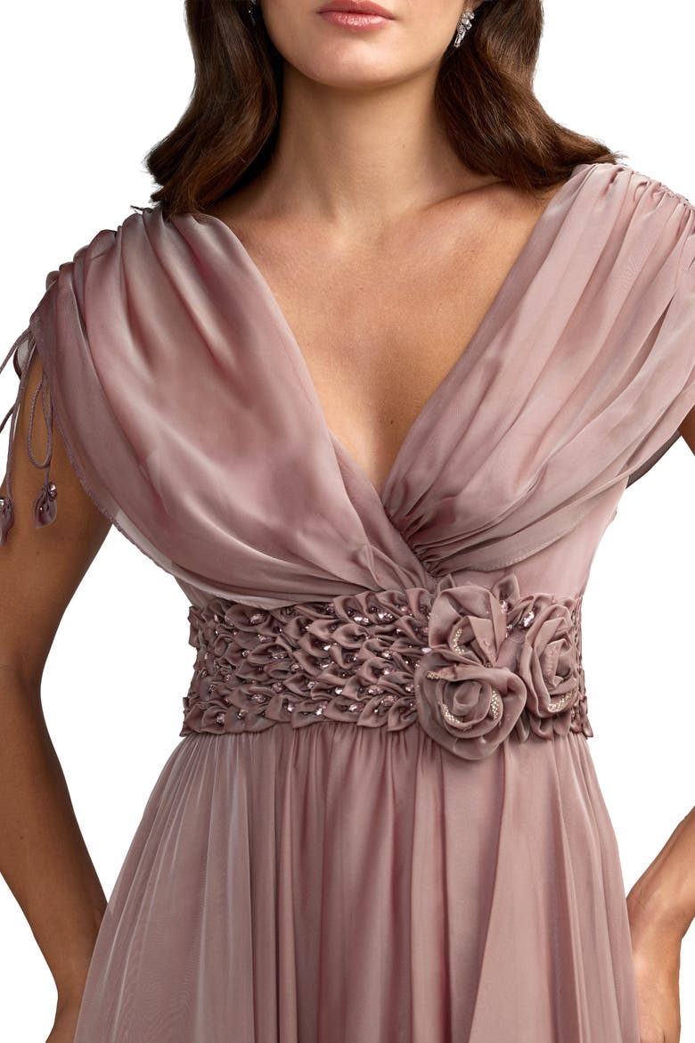 Beaded Chiffon Drapped Sleeves V Neck Gown, Alternate, color, Mocha