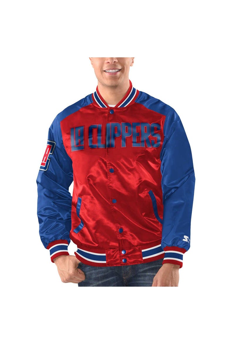 Men's Starter Red/Royal LA Clippers Renegade Satin Full-Snap Varsity Jacket, Main, color, Red