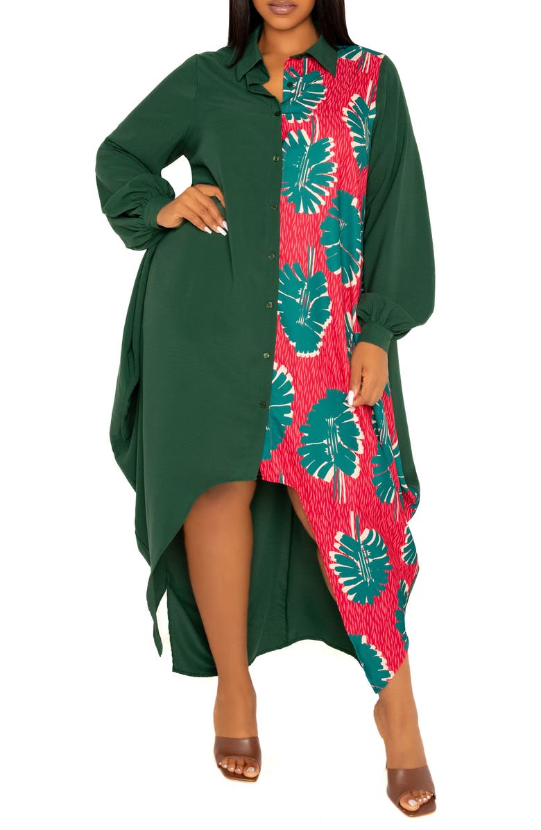 BUXOM COUTURE Solid & Print Long Sleeve Asymmetric Maxi Shirtdress, Main, color, Green Multi