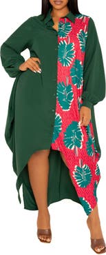 BUXOM COUTURE Solid & Print Long Sleeve Asymmetric Maxi Shirtdress