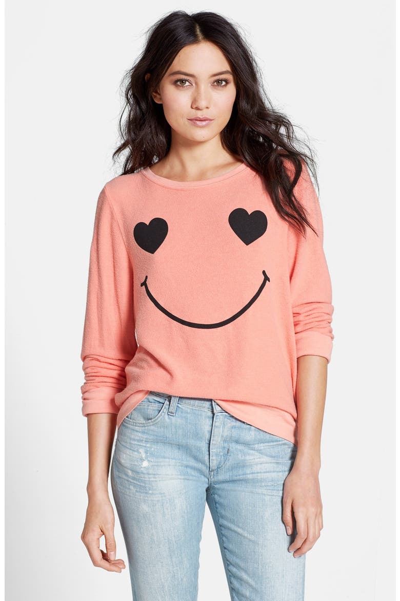 'Happy Heart Face' Sweater, Main, color, 70S LIPSTICK