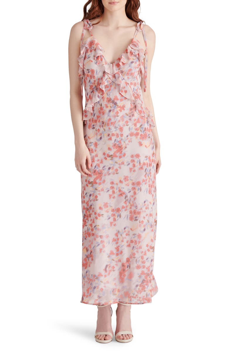 Steve Madden Adalina Floral Ruffle Chiffon Maxi Dress, Main, color, Dusty Lavender