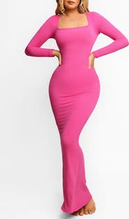 Popilush Shapewear Square Neck Long Sleeve Slimming Modal Maxi Dress