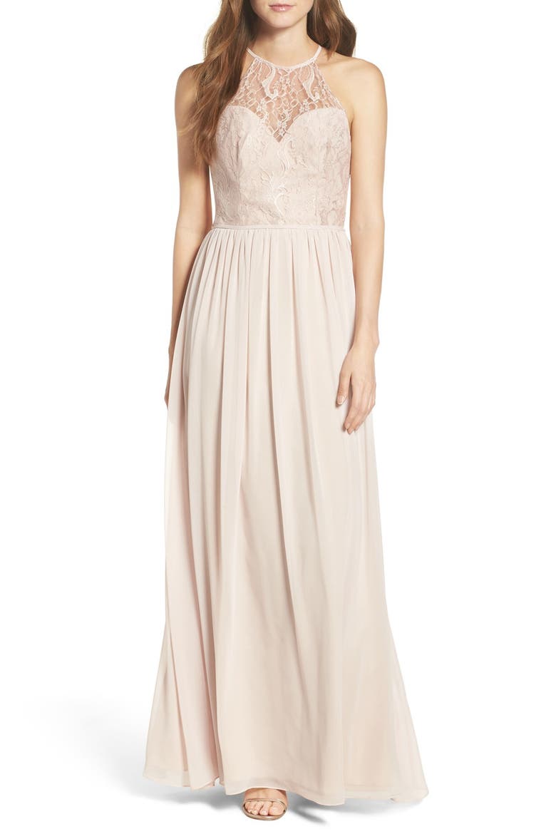 Lace & Chiffon Halter Gown, Main, color, ROSE/ BLUSH/ CASHMERE