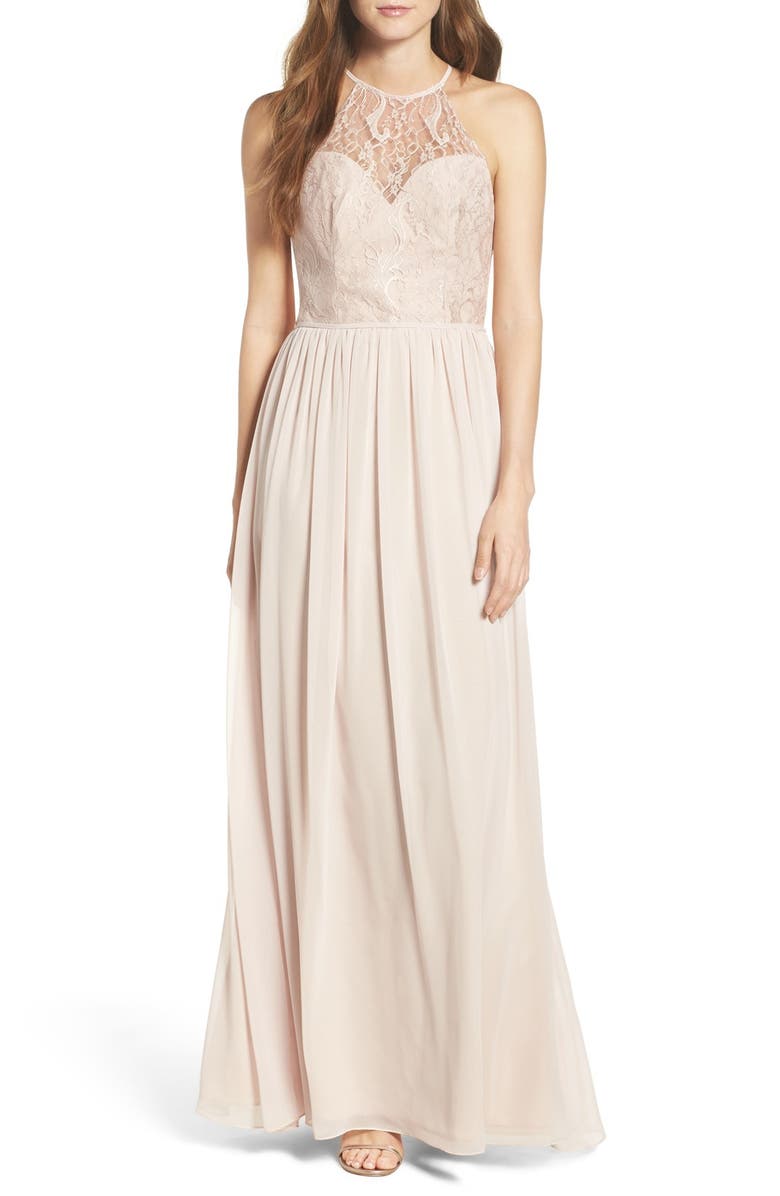 Hayley Paige Occasions Lace & Chiffon Halter Gown, Main, color, Rose/ Blush/ Cashmere