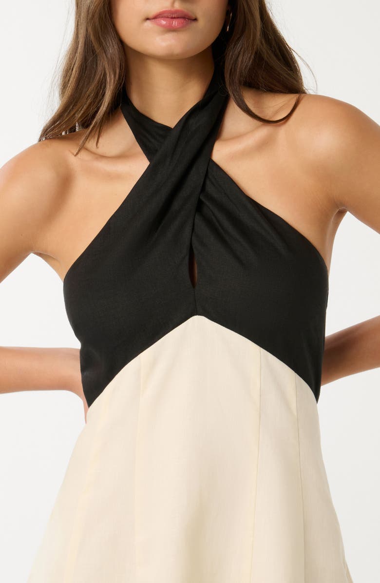 Ever New Lea Contrast Detail Halter Neck Linen Minidress, Alternate, color, Cream/ Black