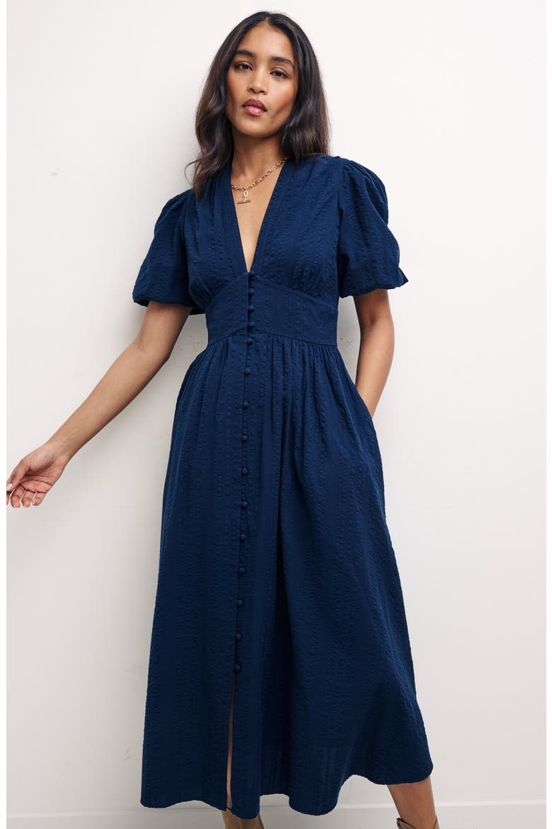 Starlight Button Front Cotton Seersucker Midi Dress, Alternate, color, BLUE