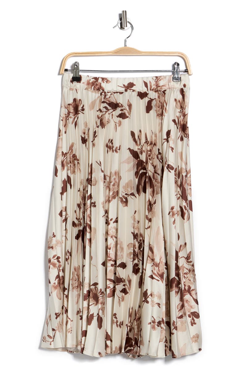 T Tahari Knife Pleated Pull-On Midi Skirt, Alternate, color, Ivory/ Brown Print