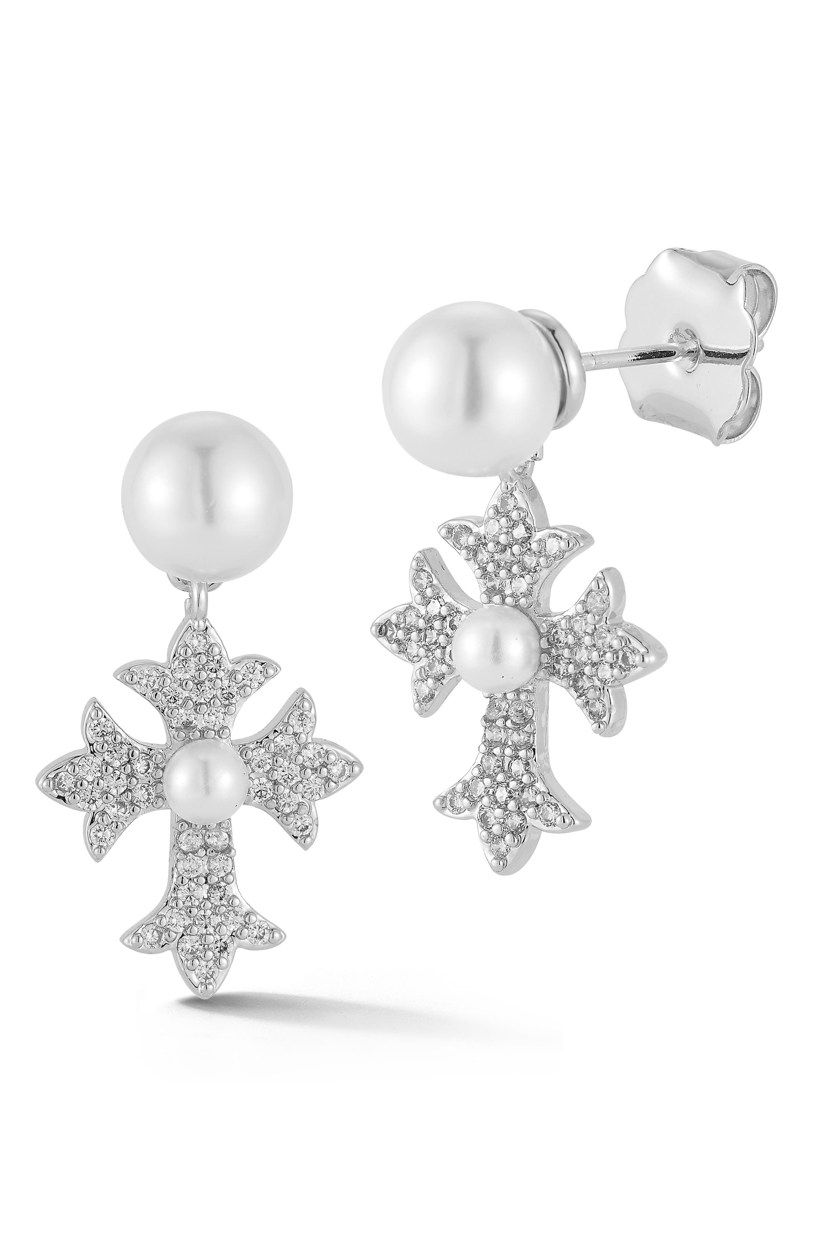 Faux Pearl & Cubic Zirconia Cross Drop Earrings