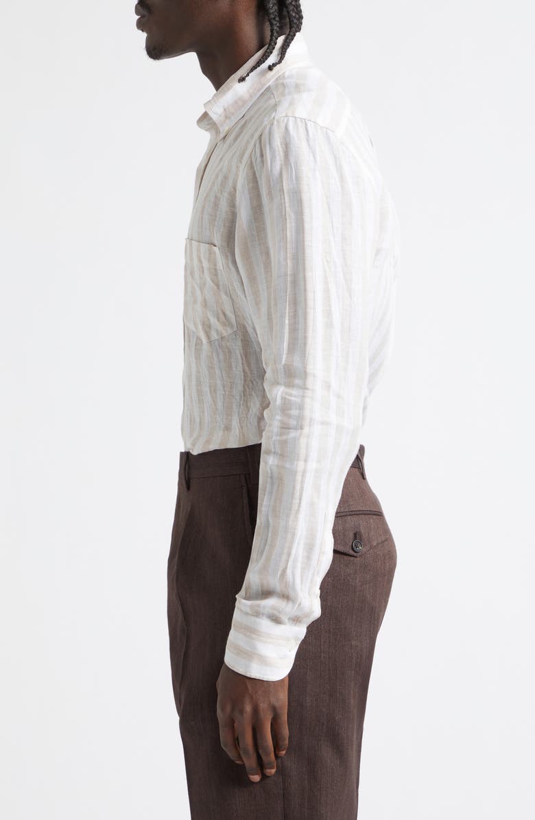 J. Mueser Regular Fit Stripe Linen Button-Down Shirt, Alternate, color, Tan Stripe