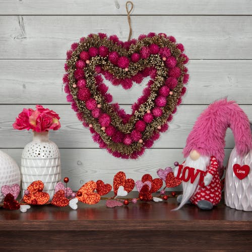 NORTHLIGHT NORTHLIGHT 13" PINK BOTANICALS AND TWIGS ARTIFICIAL VALENTINE'S DAY HEART WREATH 