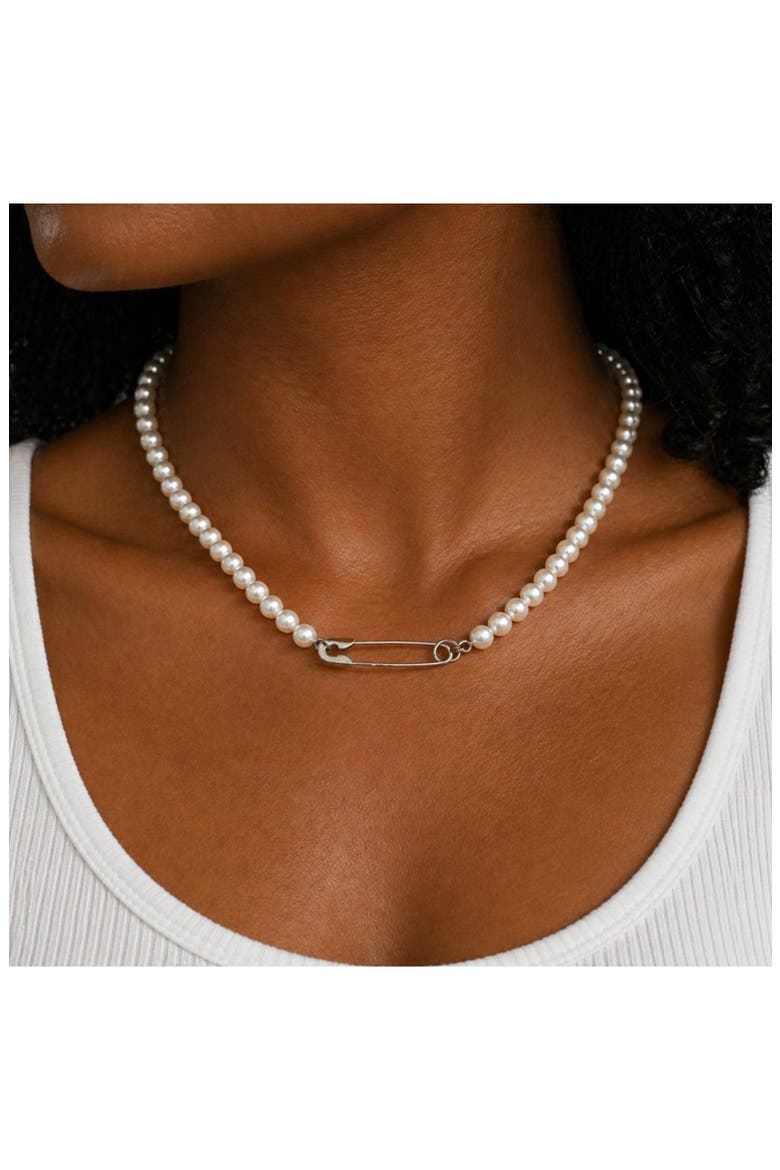 Safety Pin Pendant Faux Pearl Necklace, Alternate, color, WHITE