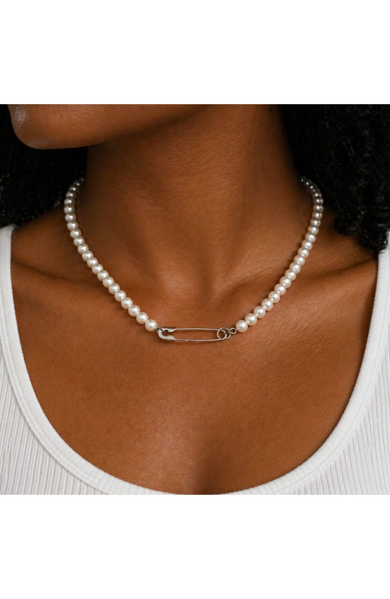 REBL Safety Pin Pendant Faux Pearl Necklace, Alternate, color, 